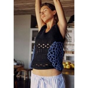 NWT Zara open knit crochet two tone blue sleeveless sweater vest